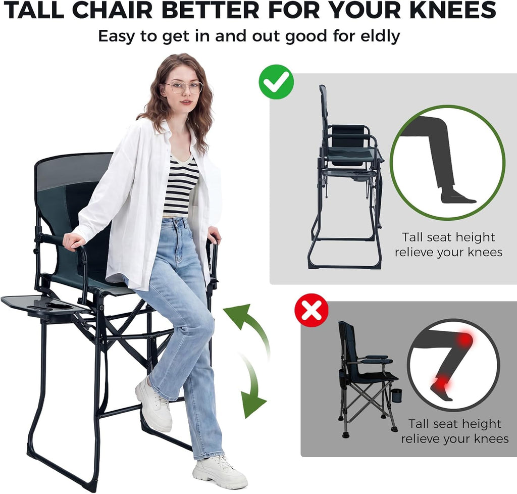 EVER ADVANCED Portable 30.7" Seat Height Tall Folding Camping Chair Directors Chair High Foldable Bar Stool with Side Table for Makeup Artist, Sports Event, Craft Show, Supports 350LBS
