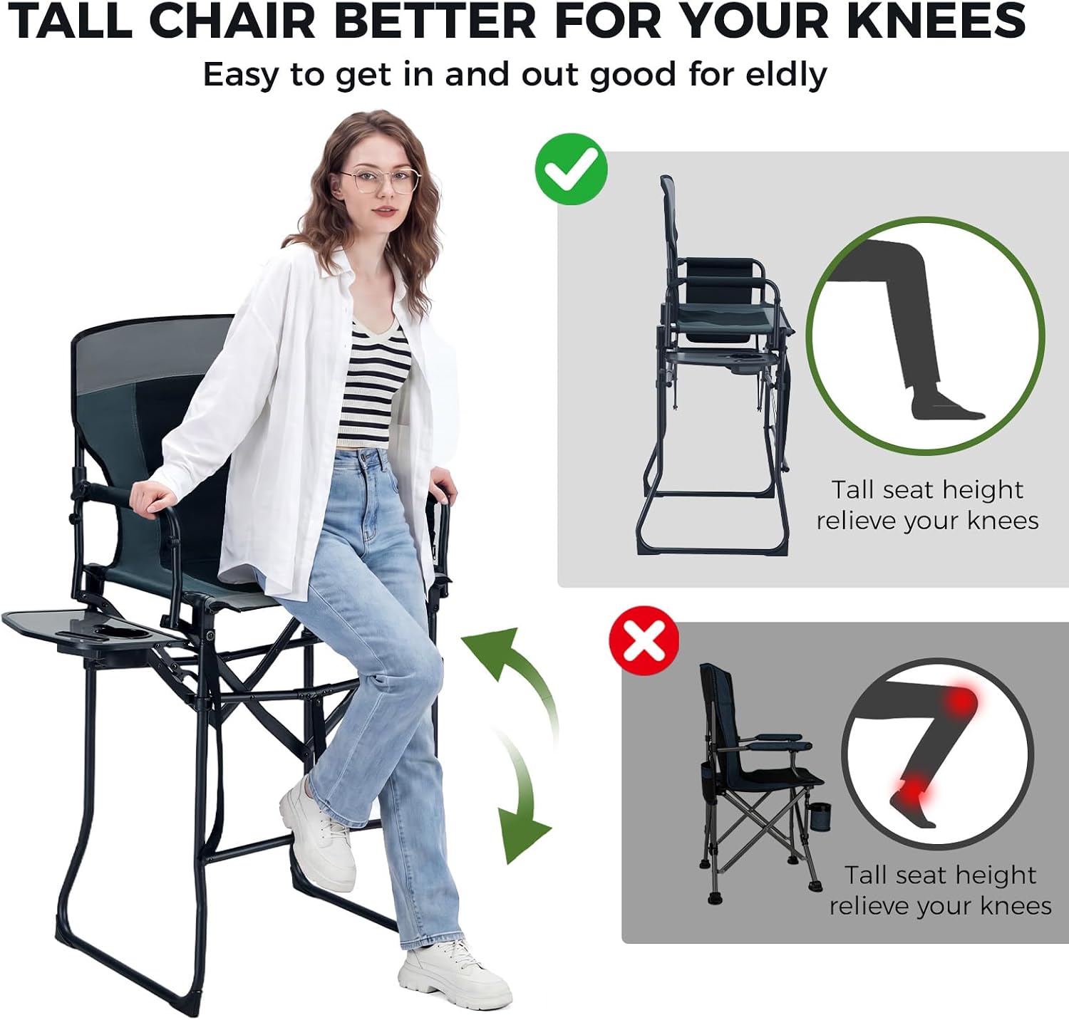 EVER ADVANCED Portable 30.7" Seat Height Tall Folding Camping Chair Directors Chair High Foldable Bar Stool with Side Table for Makeup Artist, Sports Event, Craft Show, Supports 350LBS
