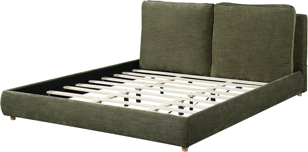 Merax King Linen Blend Platform Bed with 2 Headboard Pillows, Olive Green
