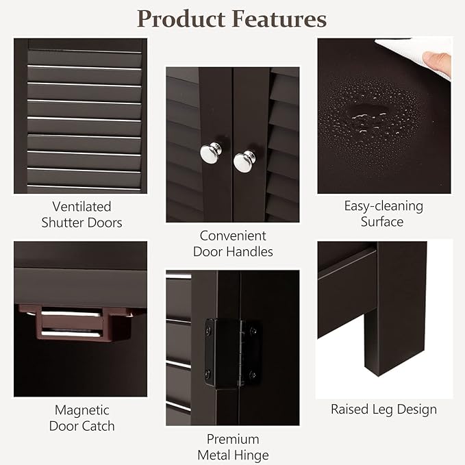 COSTWAY Bathroom Storage Cabinet, Wooden Side Storage Organizer with Louver Doors & Removable Shelf, Freestanding Floor Cabinet for Living Room, Kitchen, Entryway (Brown)