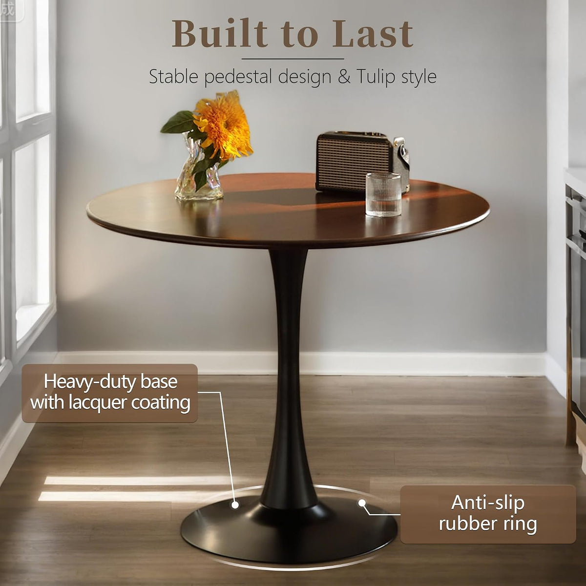 24 Inch Round Dining Table,Mid-Century Tulip Table with Metal Pedestal Base,Modern Leisure Table for Small Space Kitchen Dining Room,Easy Assembly,Walnut and Black