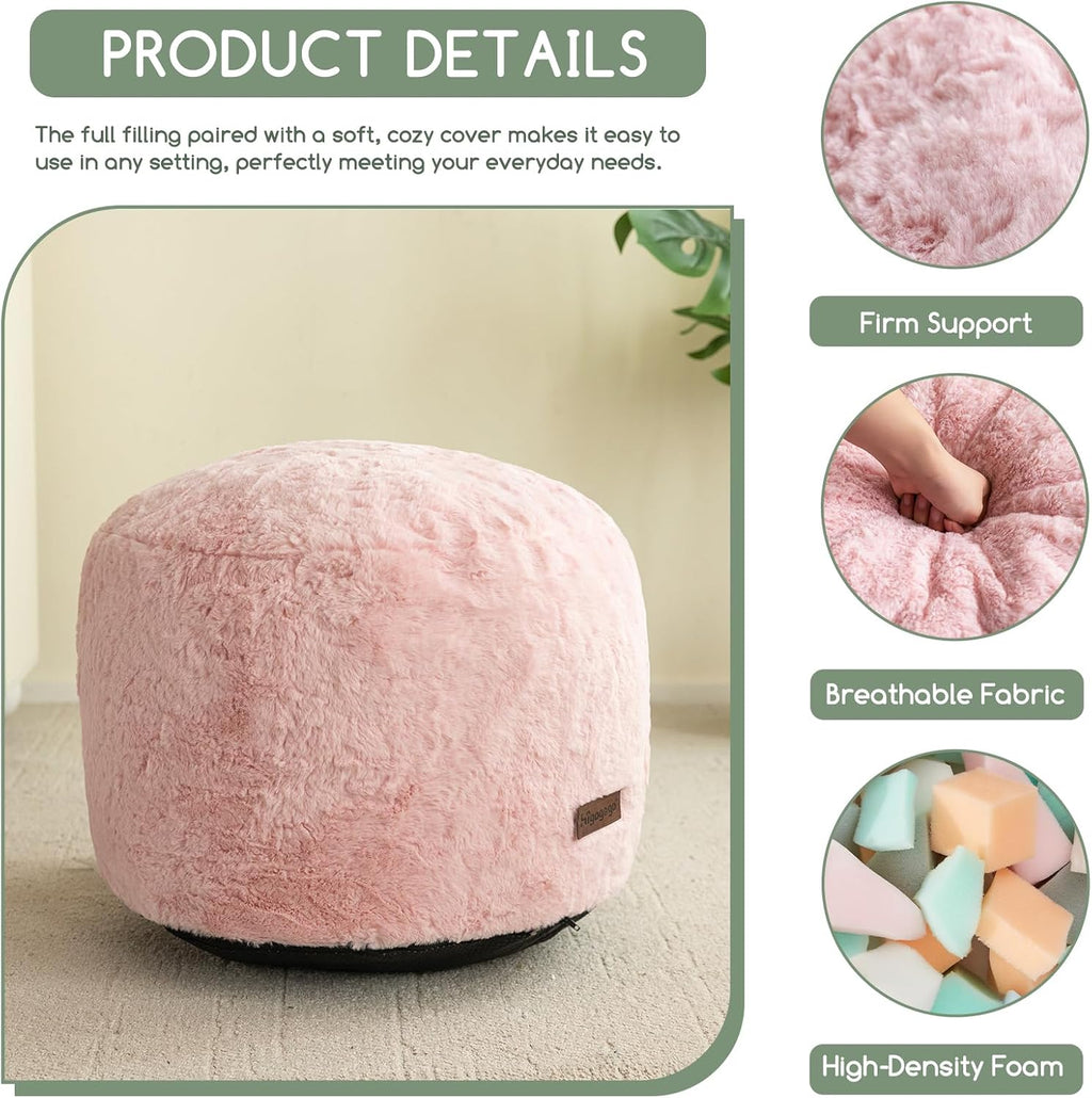 HIGOGOGO Pouf Stuffed Ottoman Round Modern Foam Filled Foot Rest Chair Decorative Poufs 26 x 18 Inches Fluffy Boho Comfy Stool for Living Room, Pink