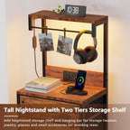 Furnulem Night Stand with Charger Station, 4 Fabric Drawers and LED Lights | 38'' Tall Bedside Table with Storage Shelf for Bedroom, Office, Metal Frame, Wood Shelves, Rustic Brown Nightstand