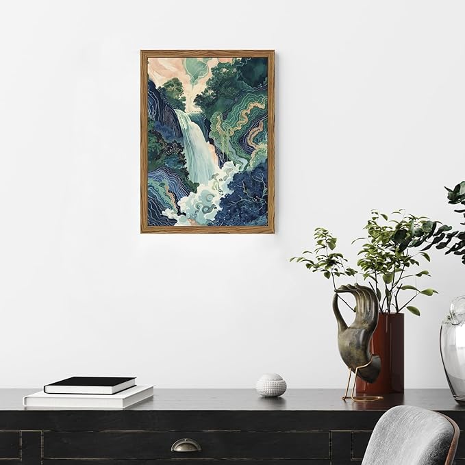 Framed Japanese Waterfall Canvas Wall Art, Abstract Landscape Wall Decor Paintings, Blue Green Nature Mountain Pictures Prints Zen Aesthetics Home Decor for Living Room Bedroom Bathroom 16x24 inch