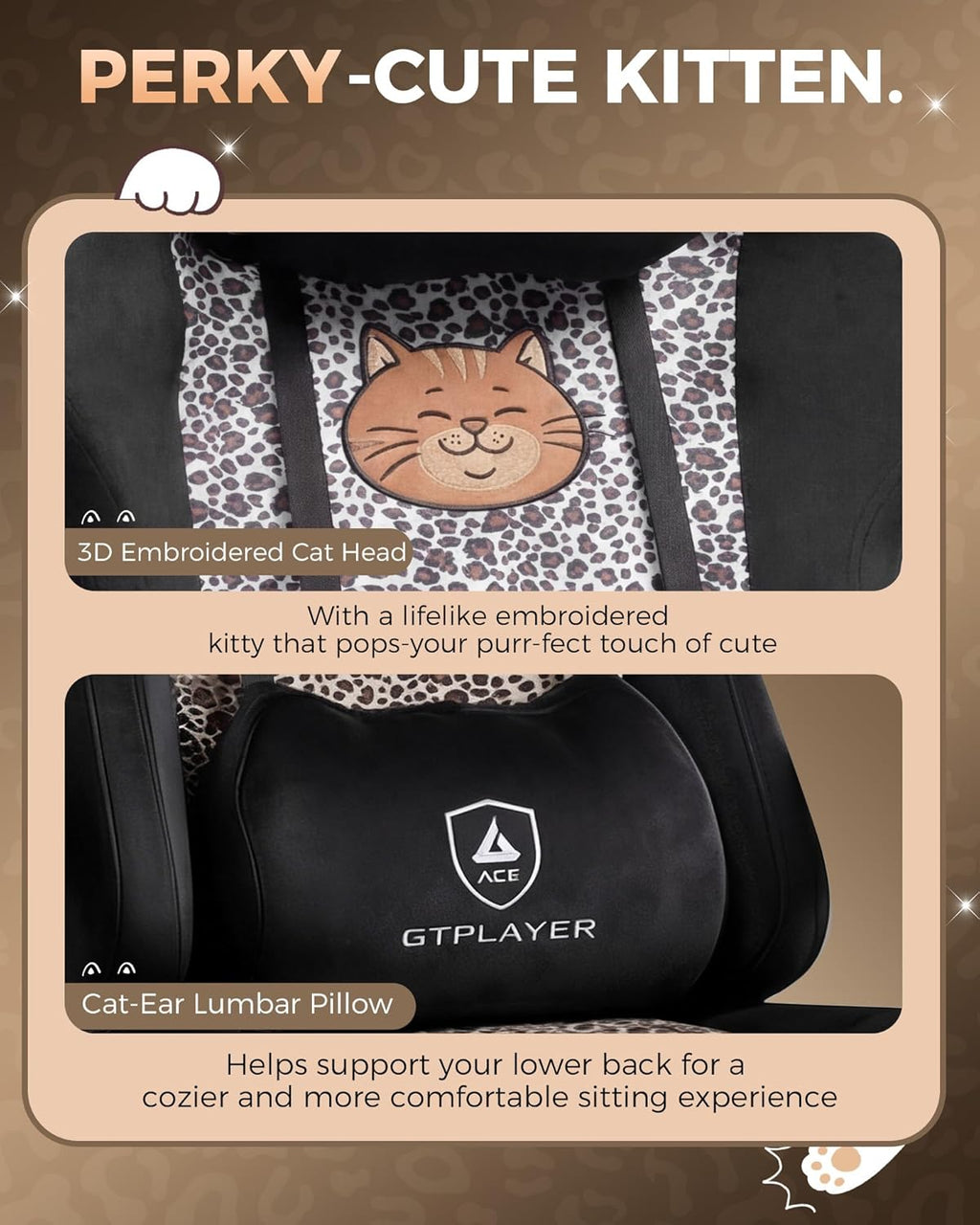 GTPLAYER Gaming Chair with Leopard Print Cat, Cute Velvet Fabric Ergonomic Office Chair with Footrest Headrest and Lumbar Support, Big and Tall Comfortable Video Gamer Chair for Women Gift