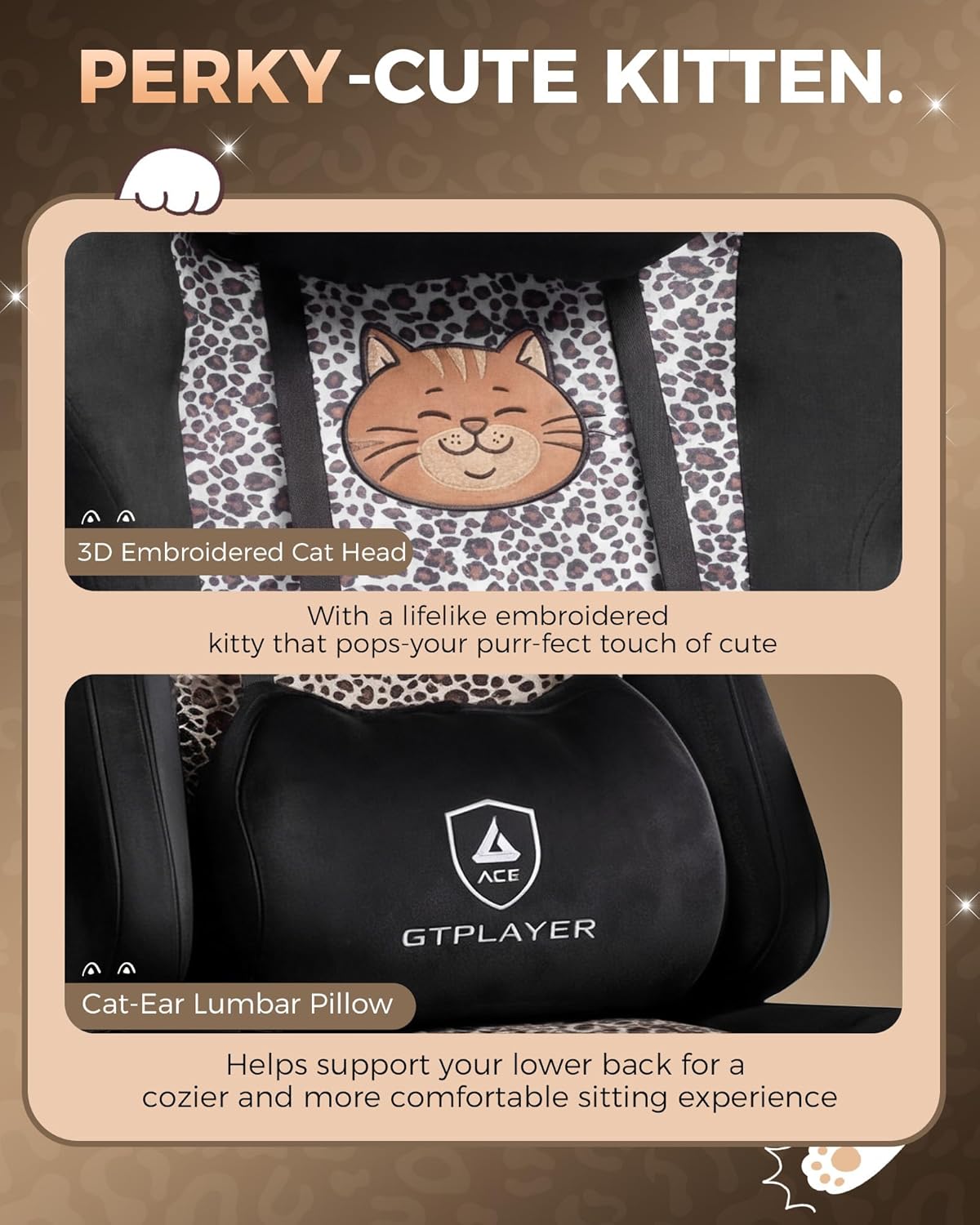 GTPLAYER Gaming Chair with Leopard Print Cat, Cute Velvet Fabric Ergonomic Office Chair with Footrest Headrest and Lumbar Support, Big and Tall Comfortable Video Gamer Chair for Women Gift
