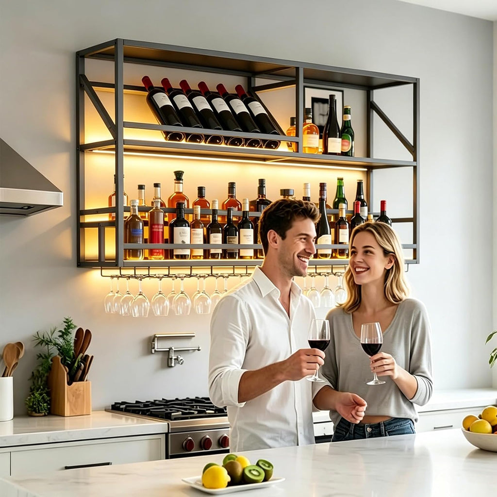 Metal Wall Mounted Liquor Shelf with LED, 31.5in Black (31.5in/80cm) | Floating shelf w/wine glass rack, 45° adjustable step display rack (L-R), for Kitchen/Bar/Cafe/Shop