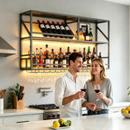 Metal Wall Mounted Liquor Shelf with LED, 31.5in Black (31.5in/80cm) | Floating shelf w/wine glass rack, 45° adjustable step display rack (L-R), for Kitchen/Bar/Cafe/Shop