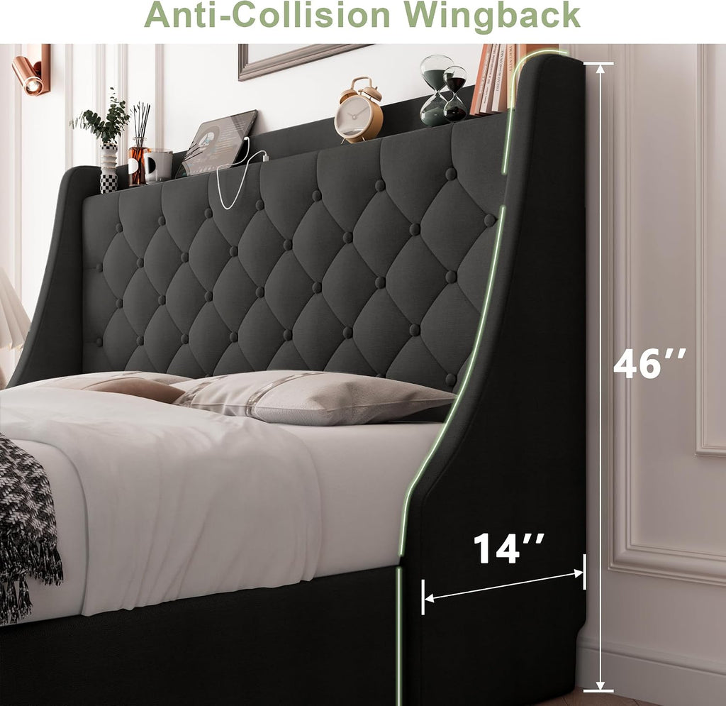 Feonase Upholstered Queen Size Bed Frame with 4 Storage Drawers, Storage Bed with Charging Station, Large Wingback Headboard, No Box Spring Needed, Black