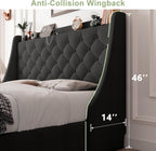 Feonase Upholstered Queen Size Bed Frame with 4 Storage Drawers, Storage Bed with Charging Station, Large Wingback Headboard, No Box Spring Needed, Black