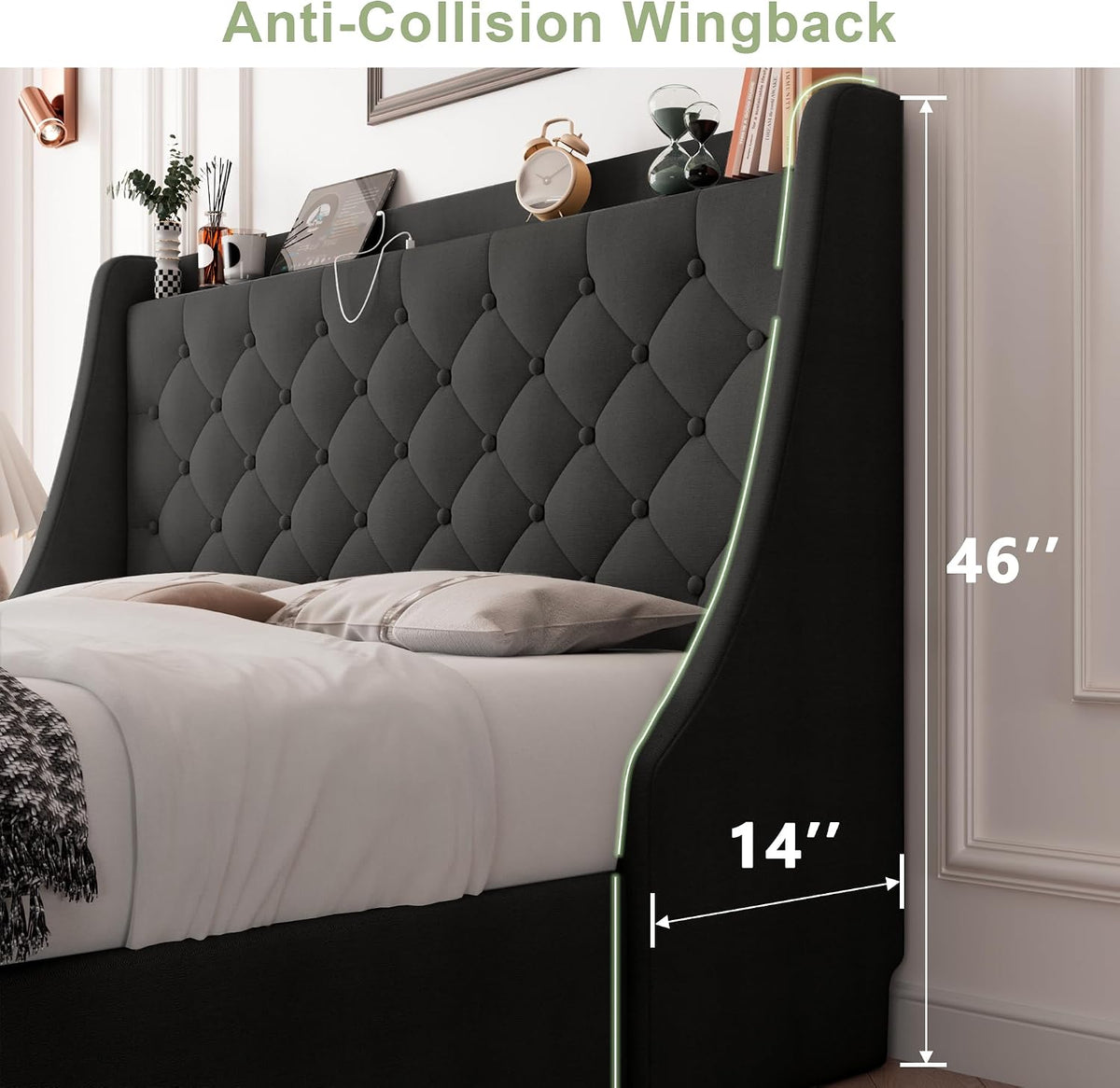 Feonase Upholstered Queen Size Bed Frame with 4 Storage Drawers, Storage Bed with Charging Station, Large Wingback Headboard, No Box Spring Needed, Black