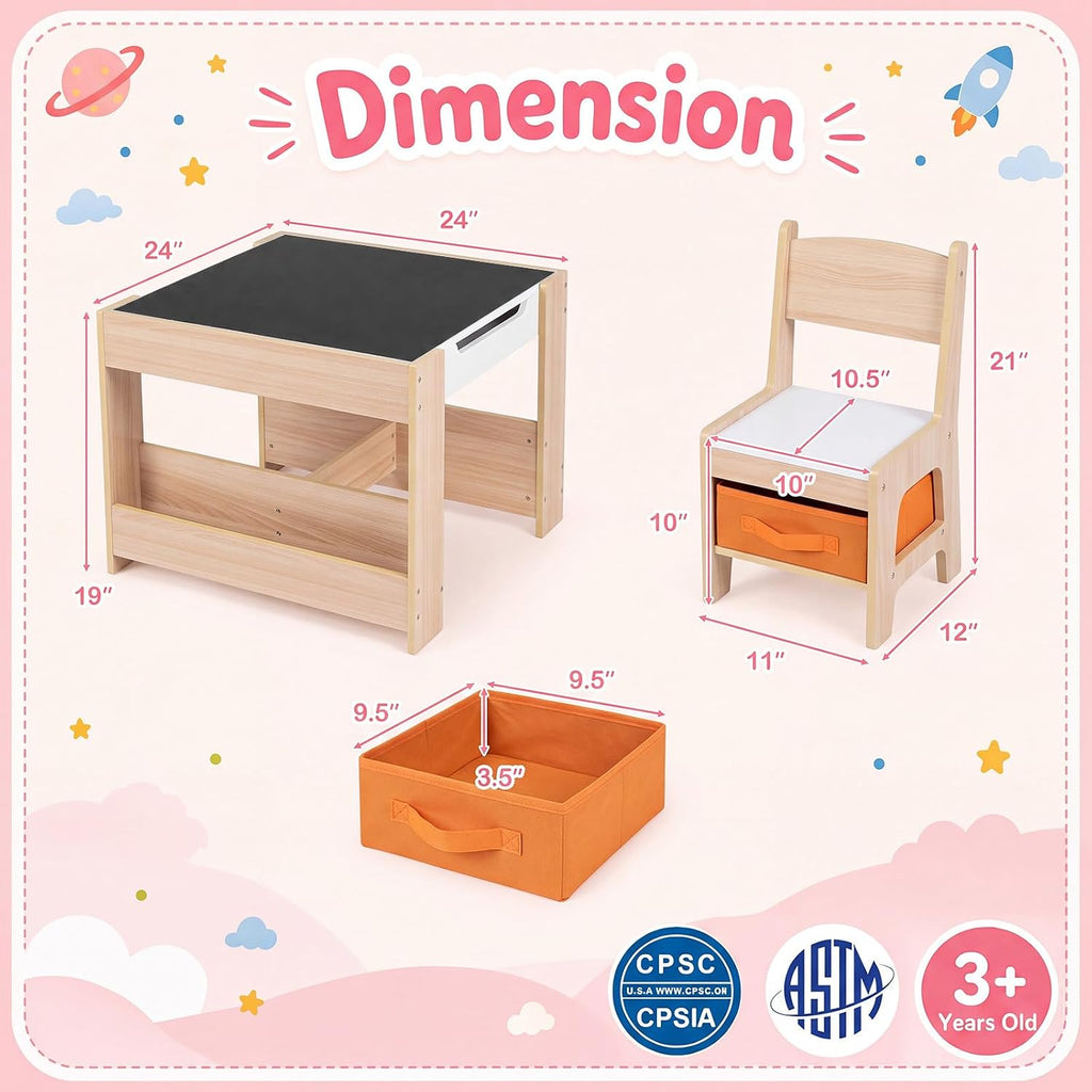 Costzon 4 in 1 Kids Table and Chairs with Building Blocks (Natural) | Wooden Toddler Activity Table Set w/ Detachable Graffiti Tabletop, Blackboard and Storage Drawers for Play, Arts & Crafts