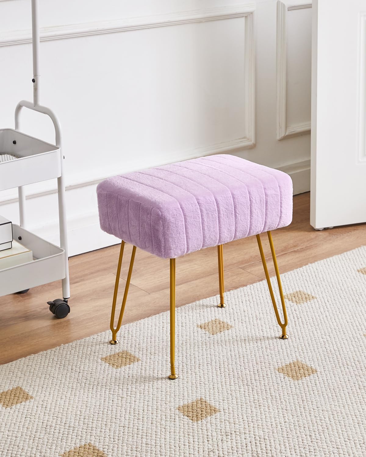 IBUYKE Makeup Vanity Stool, Velvet Rectangular Footrest, Purple LG-51V | Ottoman Side Dressing Table Seat Pouf Couch chair Golden Steel Legs