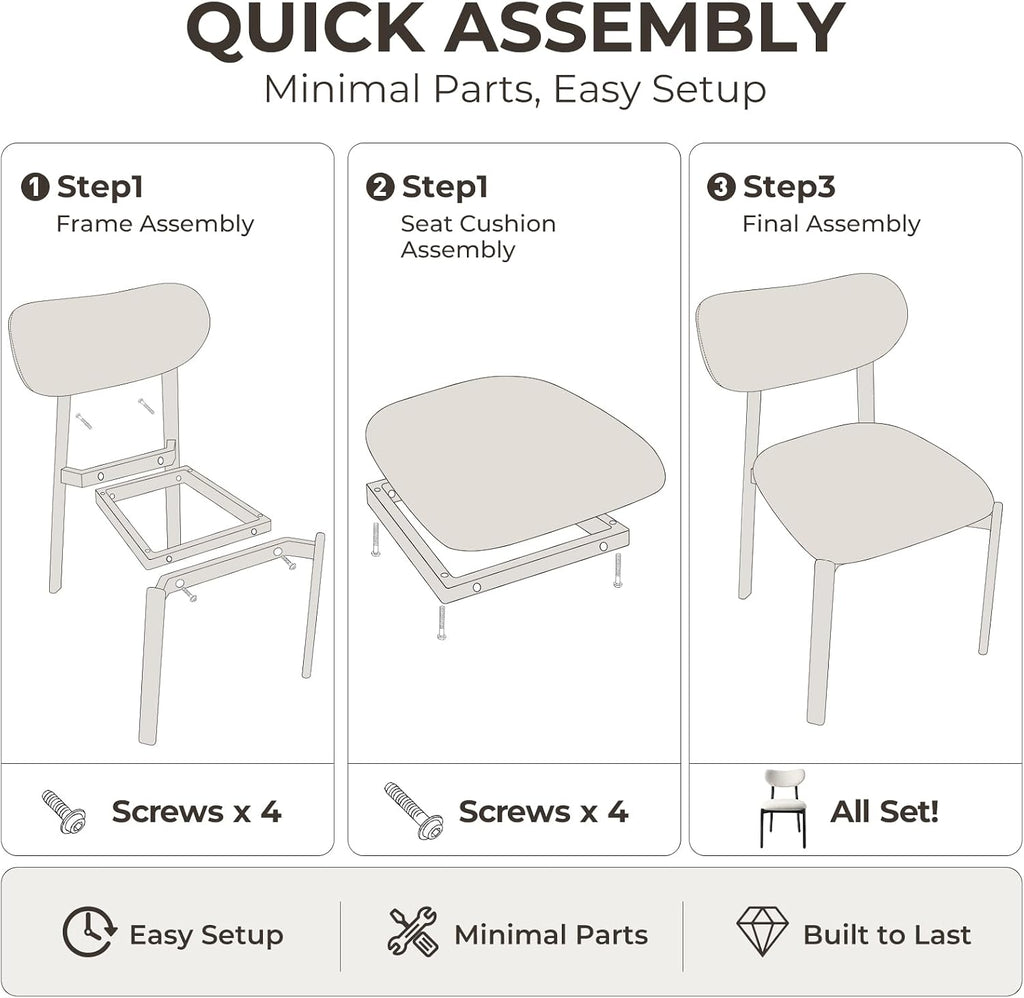Dining Chairs, Modern Upholstered Fabric Kitchen Chairs | Textured Fabric, Curved Back, Upholstered Seat, Metal Frame, Dining Room, Kitchen, Breakfast Nook, Restaurant, White