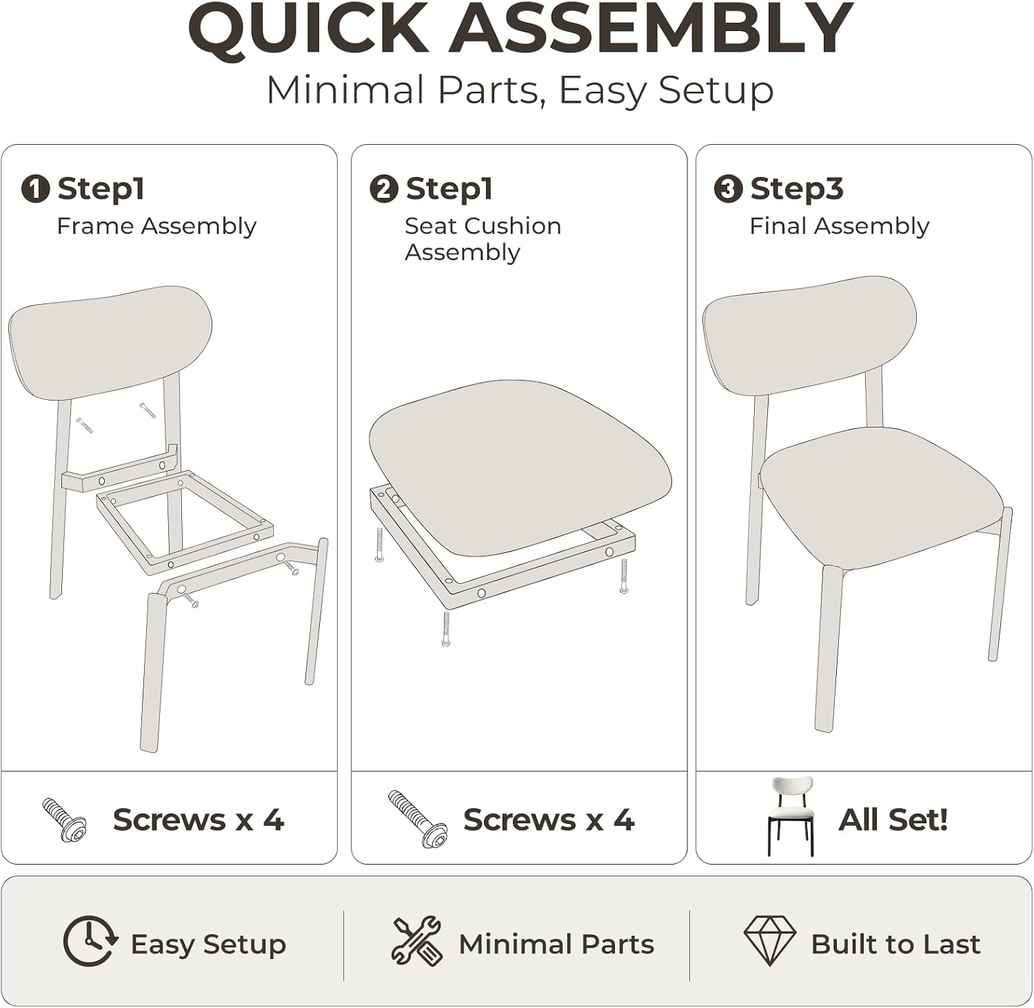 Dining Chairs, Modern Upholstered Fabric Kitchen Chairs | Textured Fabric, Curved Back, Upholstered Seat, Metal Frame, Dining Room, Kitchen, Breakfast Nook, Restaurant, White