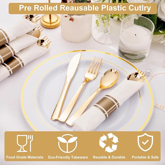 200Guests Pre Rolled Gold Plastic Silverware Sets - Heavy Duty Gold Cutlery - Include 200 Pack Wrapped Disposable Utensils with Napkins for Parties & Dinners & Weddings