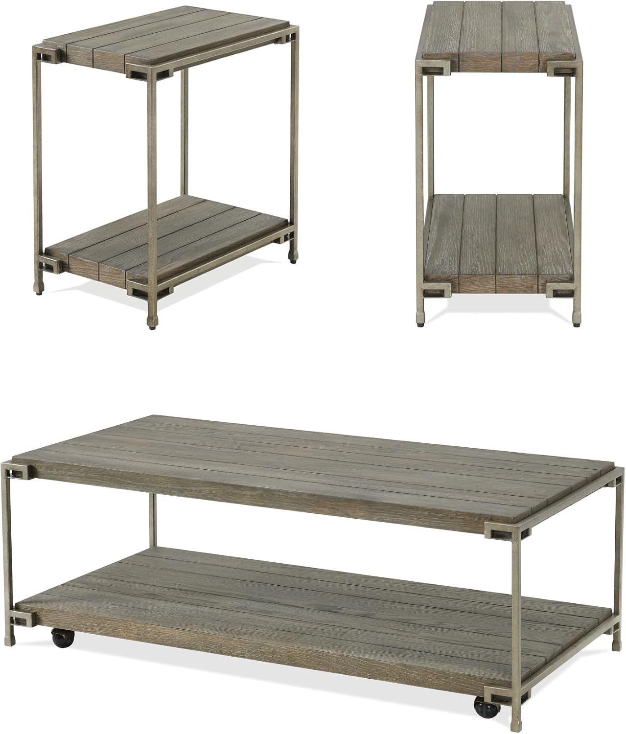 3-Piece Metal Frame Wood Coffee Table Set with Chairside Tables | Aged graphite finish with metal and wood construction