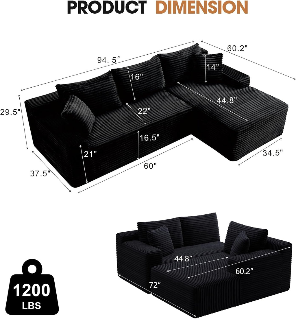 94.5" L-Shaped Cloud Sectional Couch for Living Room, Modern Minimalist Upholstered Sofa,Corduroy Fabric Modular Sectional Sofa with Chaise, No Assembly Required (Black, Right)