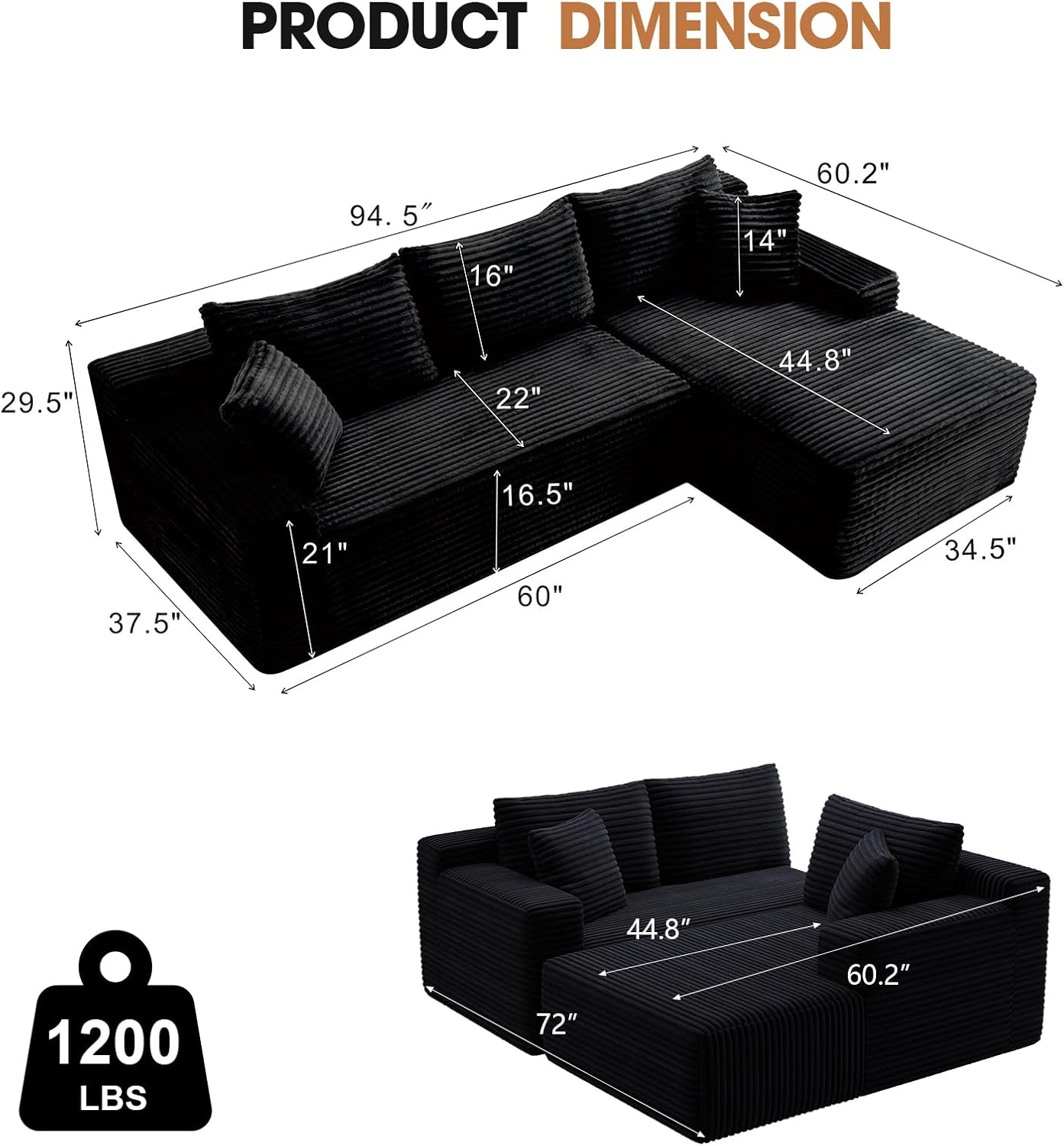 94.5" L-Shaped Cloud Sectional Couch for Living Room, Modern Minimalist Upholstered Sofa,Corduroy Fabric Modular Sectional Sofa with Chaise, No Assembly Required (Black, Right)