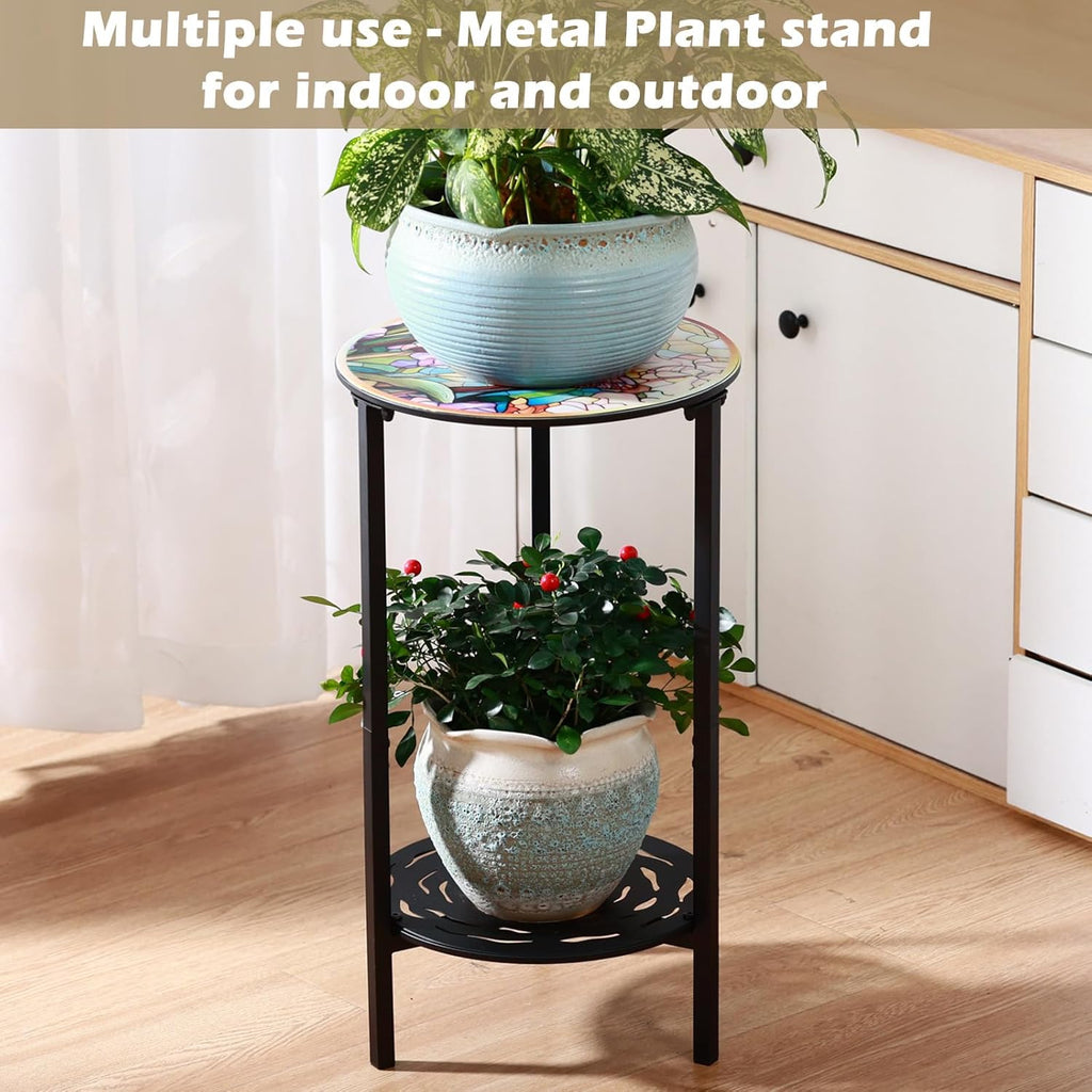 2-Tier Metal Round Side Table Black Accent Coffee Tables Small Space Corner Plant Stand Shelf for Indoor Outdoor Use Patio Balcony End Table Butterfly Print Weather-Resistant
