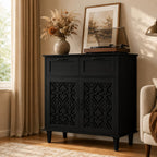 Sideboard Cabinet with 2 Doors & 2 Drawers - Adjustable Storage Console Table for Living Room, Bathroom - Modern Farmhouse Storage Cabinet with Black Handles