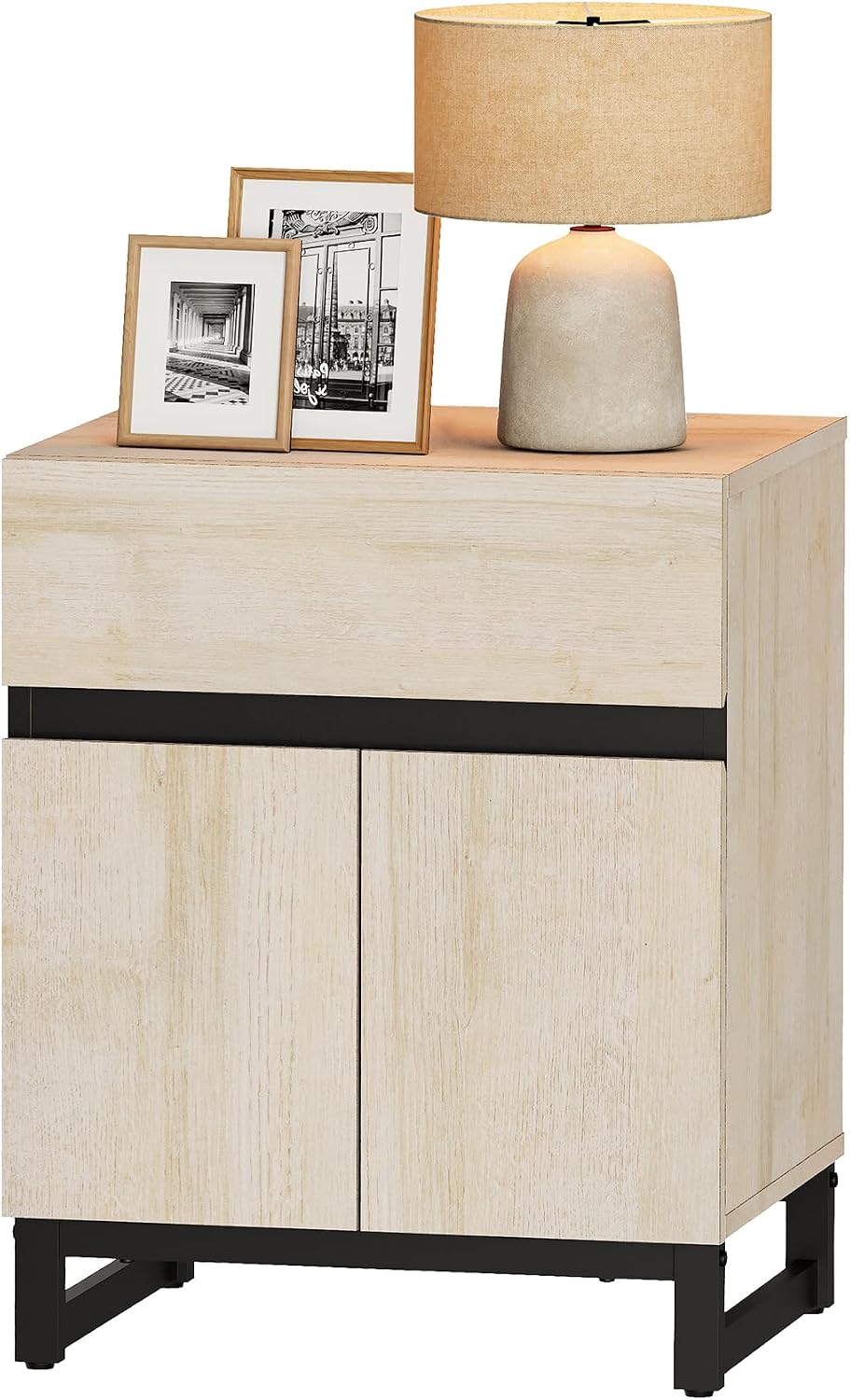 WAMPAT Modern End Table with 1 Drawer & 1 Storage Cabinet, Farmhouse Sofa Table, Wooden Rustic Side Sofa Table with Metal Leg for Living Room, Nighstand for Bedroom, Beige, 1 Psc