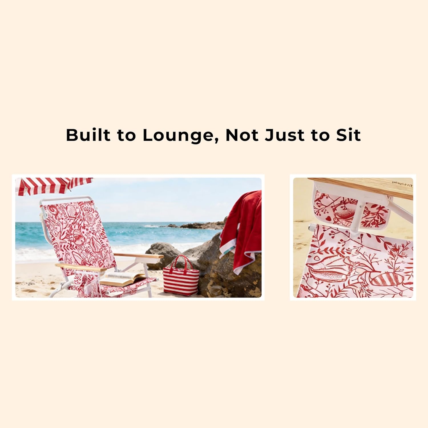 5-Position Low Beach Chair, Portable Lightweight Folding Beach Chair with Wooden Armrests, Storage Pouch & Carry Strap, Coastal Beach Print – Reef Crimson