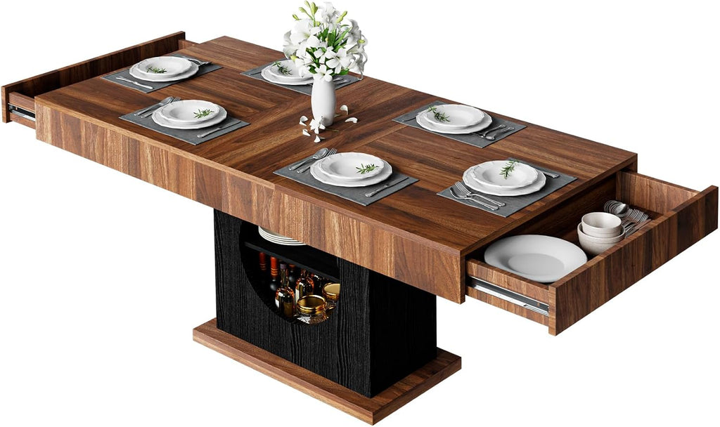 55" Dining Table for 4 to 6 People, Farmhouse Wood Dinner Table with Drawers & Open Storage for Kitchen, Dining Room & Living Room (Walnut & Black)