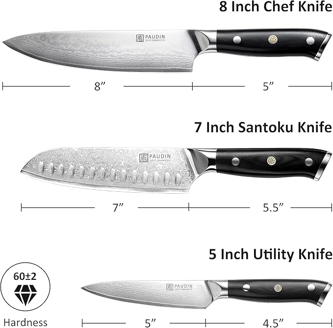 PAUDIN Damascus Knife Set 3 PCS, Japanese VG10 Steel Core, Ultra Sharp Chef Knife Set, Full Tang G10 Handle, Damascus Kitchen Knives