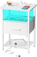 LAKEMID Nightstand with Charging Station,Bedside Table with Fabric Drawer,Bed Side Table with 20 Colors LED Light,Night Stand for Bedroom,White