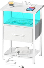 LAKEMID Nightstand with Charging Station,Bedside Table with Fabric Drawer,Bed Side Table with 20 Colors LED Light,Night Stand for Bedroom,White