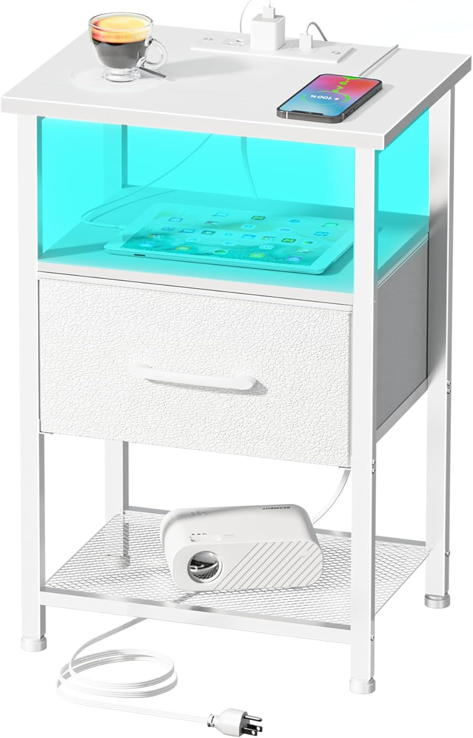 LAKEMID Nightstand with Charging Station,Bedside Table with Fabric Drawer,Bed Side Table with 20 Colors LED Light,Night Stand for Bedroom,White