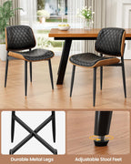 REONEY Dining Chairs Set of 4, Mid-Century Modern Upholstered PU Leather Chairs with Walnut Back and Metal Legs Adjustable Feet for Kitchen Dining Room, Black Diamond Plaid
