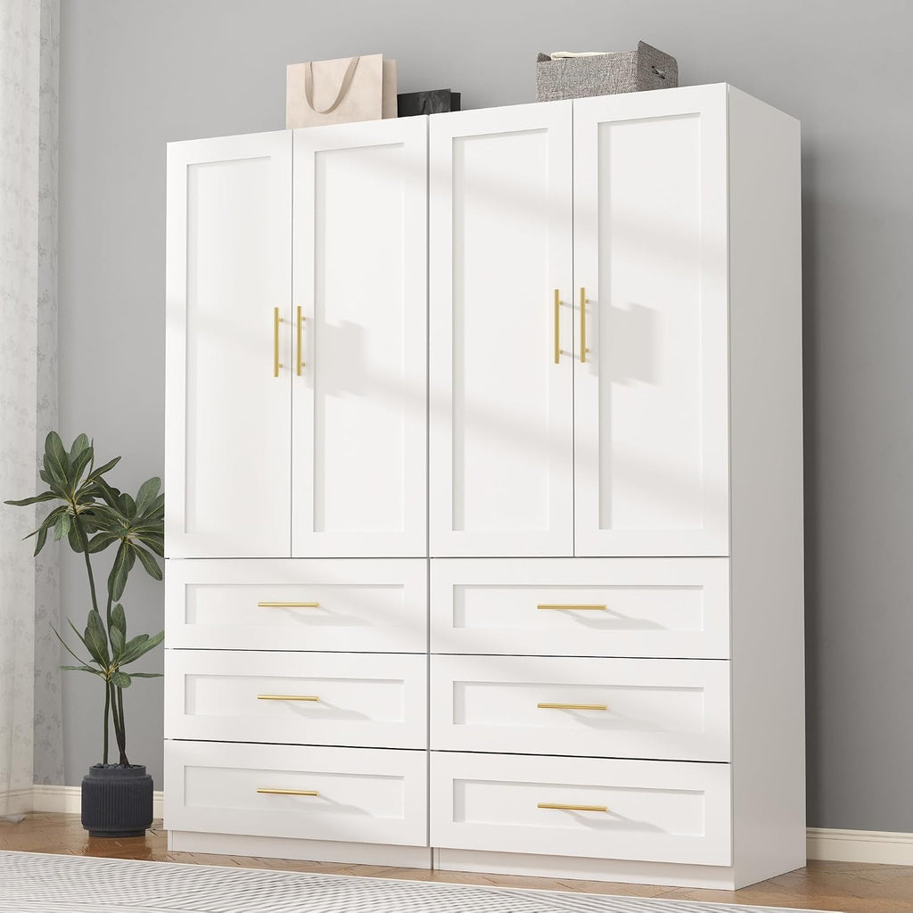 White Armoire Wardrobe Closet: 75" Large Wardrobe Closet with 6 Drawers, Bedroom Armoires with 4 Doors, Wooden Tall Closets Cabinet for Hanging Clothes (63")