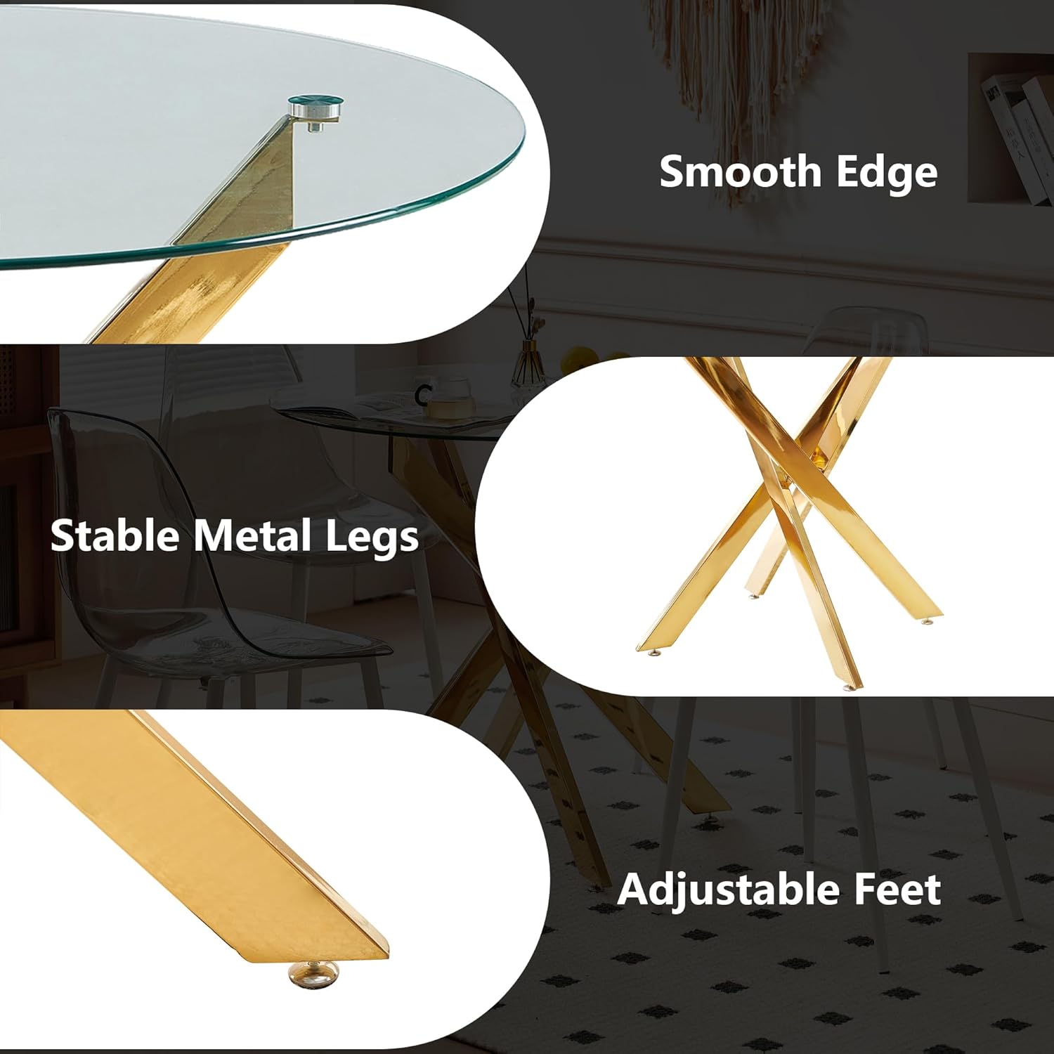 Aoowow Round Dining Table with Glass Top, 35.4” Modern Kitchen Table for 4, Small Glass Circle Dinner Table with Metal Legs for Dining Room, Golden