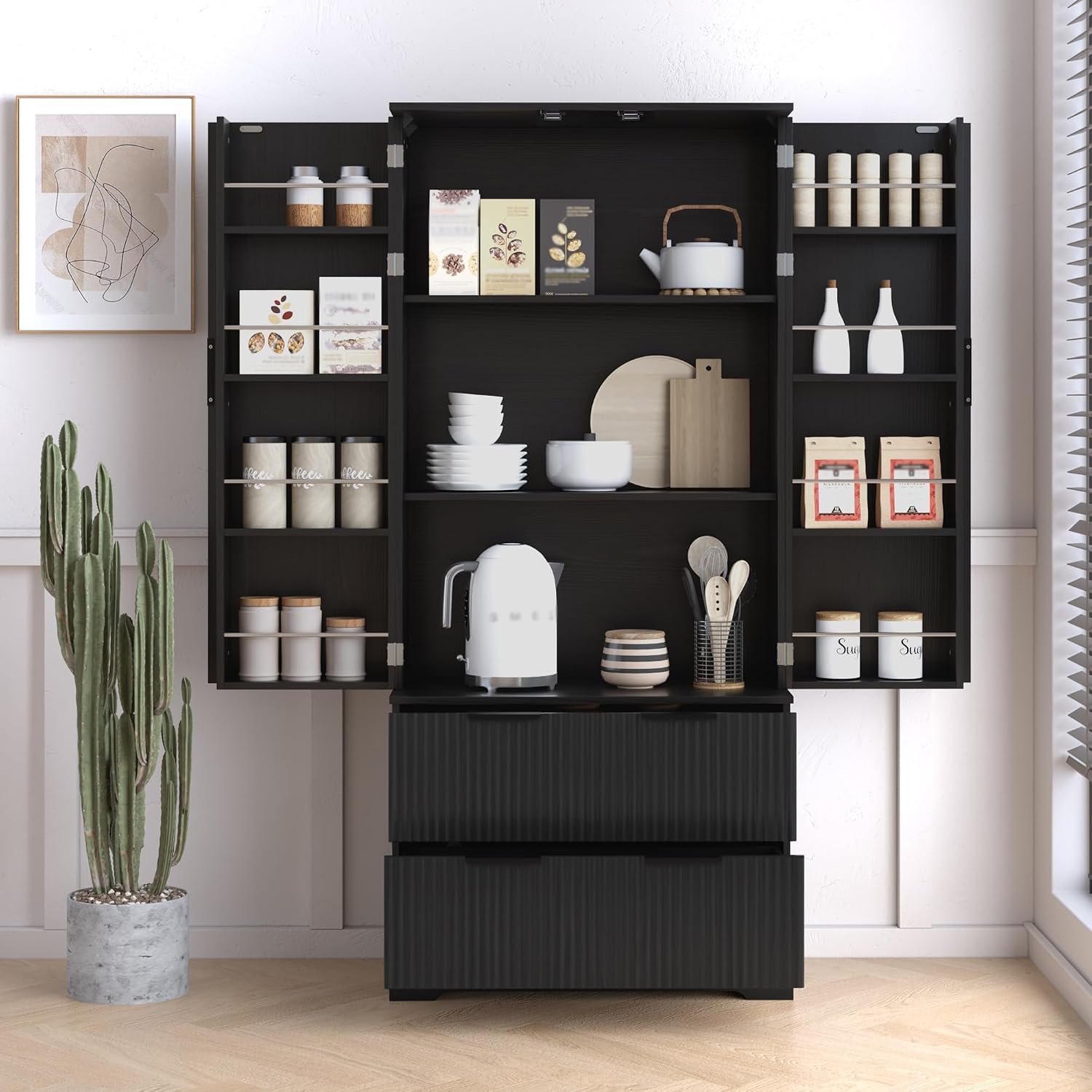 72" Modern Fluted Kitchen Pantry Cabinet with 2 Large Drawers & 8-Door Spice Rack, Freestanding Storage Organizer for Entryway, Dining Room, Office, and Bathroom (Black)