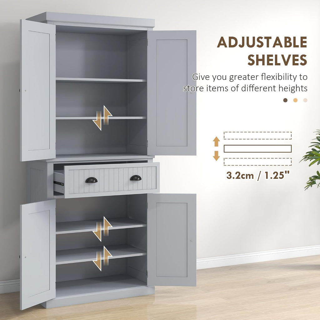 HOMCOM 72" Kitchen Pantry Cabinet Freestanding Tall Storage Cabinet Gray | Traditional Kitchen Pantry, 4 Doors, Drawer, 3 Adjustable Shelves, for Dining Room