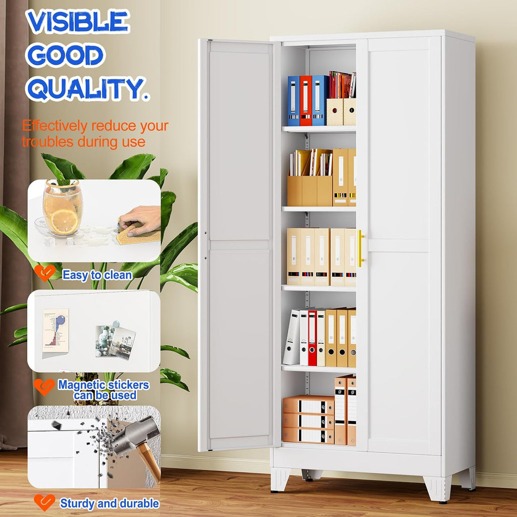 GAIOUS 71''Tall Metal Garage Storage Cabinet,File Cabinet with Door and Adjustable Shelves, Outdoor Steel Tool Cabinet for Home,Office,Warehouse,Garage,White