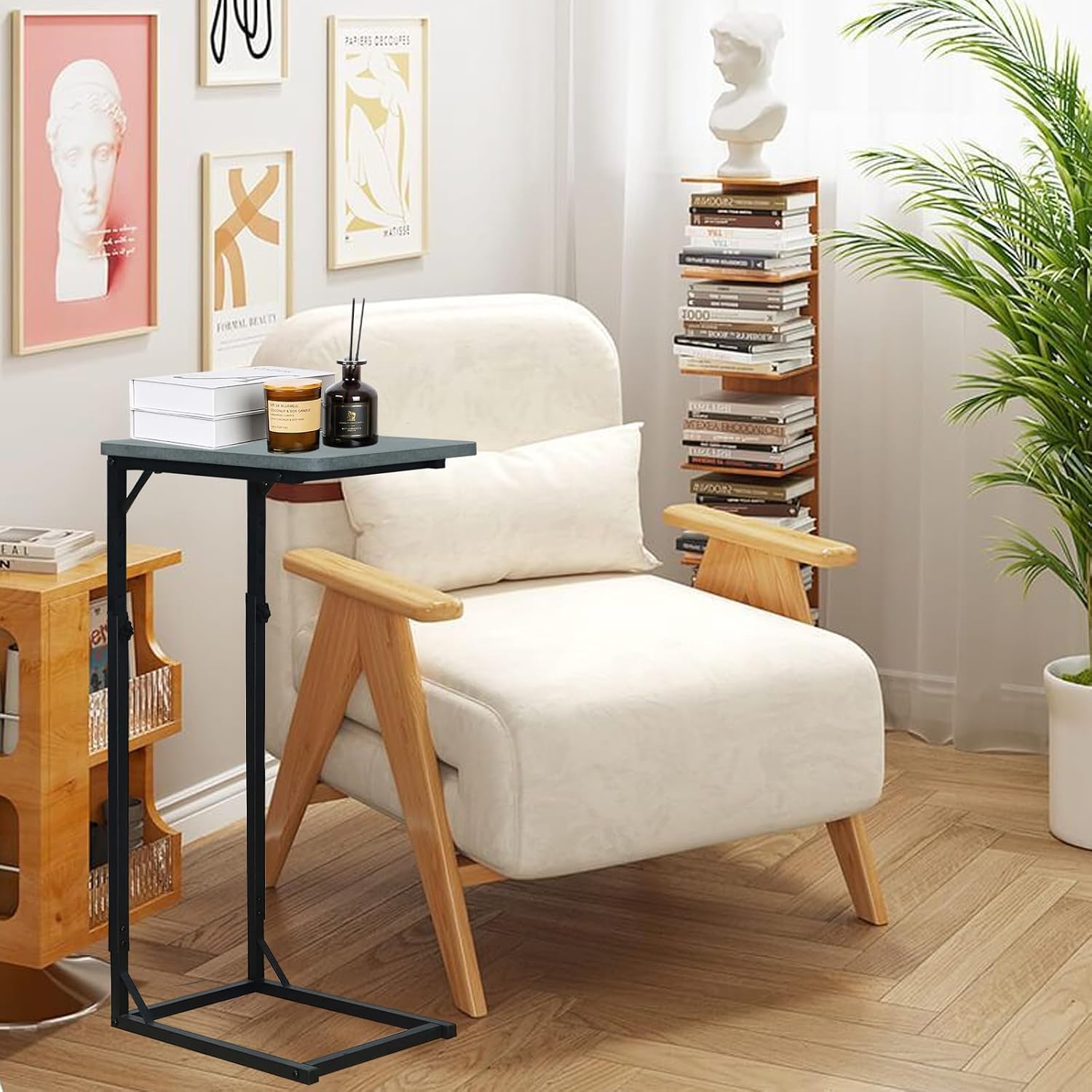 C-Shaped End Table for Couch, Adjustable Sofa Side Table with Sturdy Metal Frame, Small Space Rustic Gray TV Tray Table for Living Room, Bedroom, Bedside, Modern Functional Accent Furniture