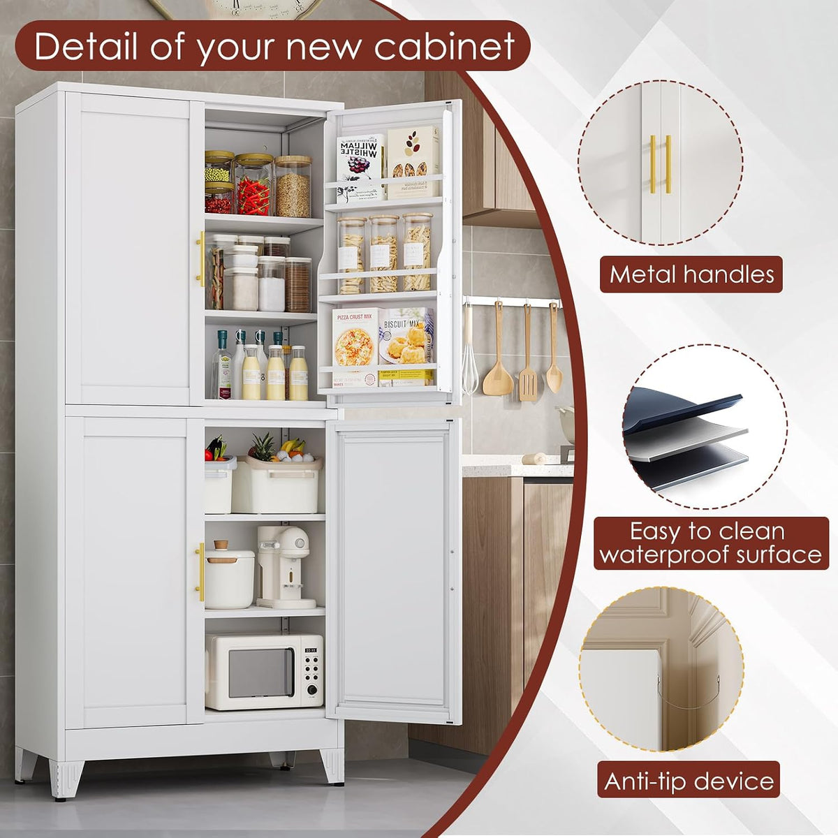 PAOFIN 75" H Metal Storage Cabinet, Pantry with 6 Door Shelves and 4 Adjustable Shelves, Leveling Foot for Kitchen, Living Room and Dinning Room, White