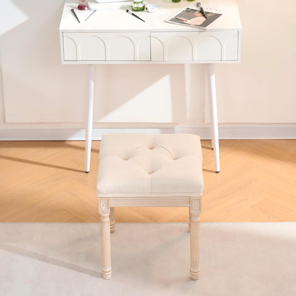 French Style Vanity Stool, Linen Fabric Upholstered Tufted Bathroom Makeup Stool with Brushed Wood Legs, 350lbs Weight Capacity, Foam & Solid Wood Frame, 15.8"x15.8"x17.7" (Beige)