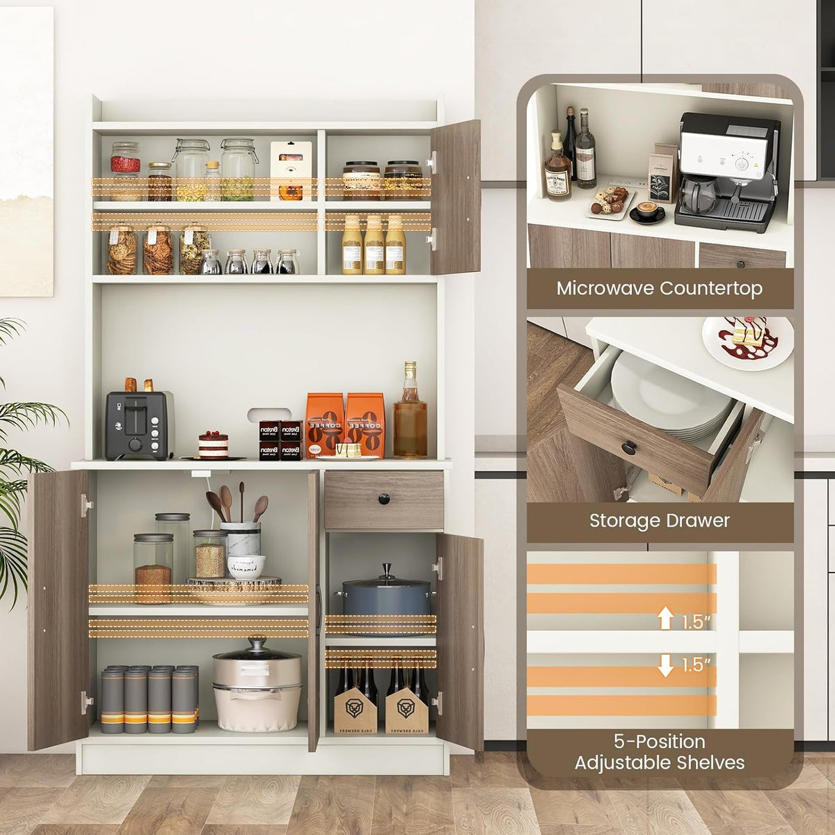 COSTWAY Kitchen Pantry Storage Cabinet, 71" Freestanding Tall Hutch Cabinet with Charging Station, Microwave Stand, Adjustable Shelves, Modern Buffet Cabinet with Hutch for Dining Room, Kitchen, White