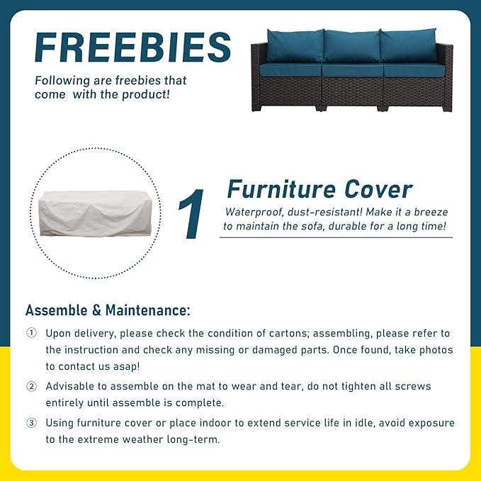 Outdoor Furniture Wicker Outdoor Couch Patio Furniture 3-seat Sofa Deep Seat Hight Backrest Non-Slip Cushions, Peacock Blue