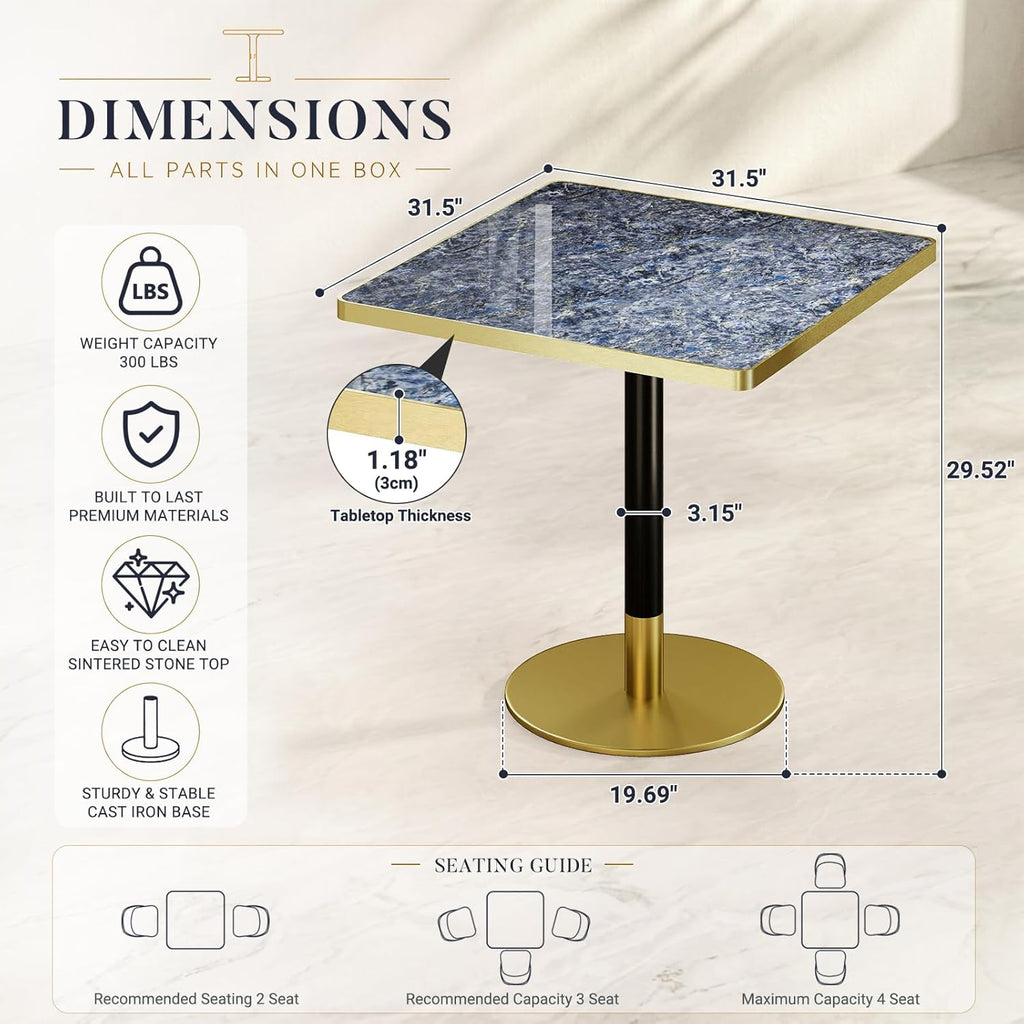 31.5'' Tulip Table, Square Pedestal Dining Table with Sintered Stone Tabletop, Gold Aluminum Alloy Edge & Base, Bistro Table for 2-4 Person for Kitchen/Cafe/Small Spaces/Restaurant (Sapphire Galaxy)