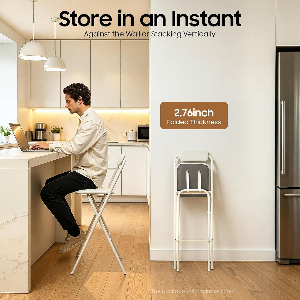 Folding Bar Stool with Backrest, 29.5 Inch Tall Foldable Stool Chair with Leather Padded Seat, Portable Counter Height Collapsible Stool for Kitchen Island Shop Cafe Dining Room, White, 1pcs