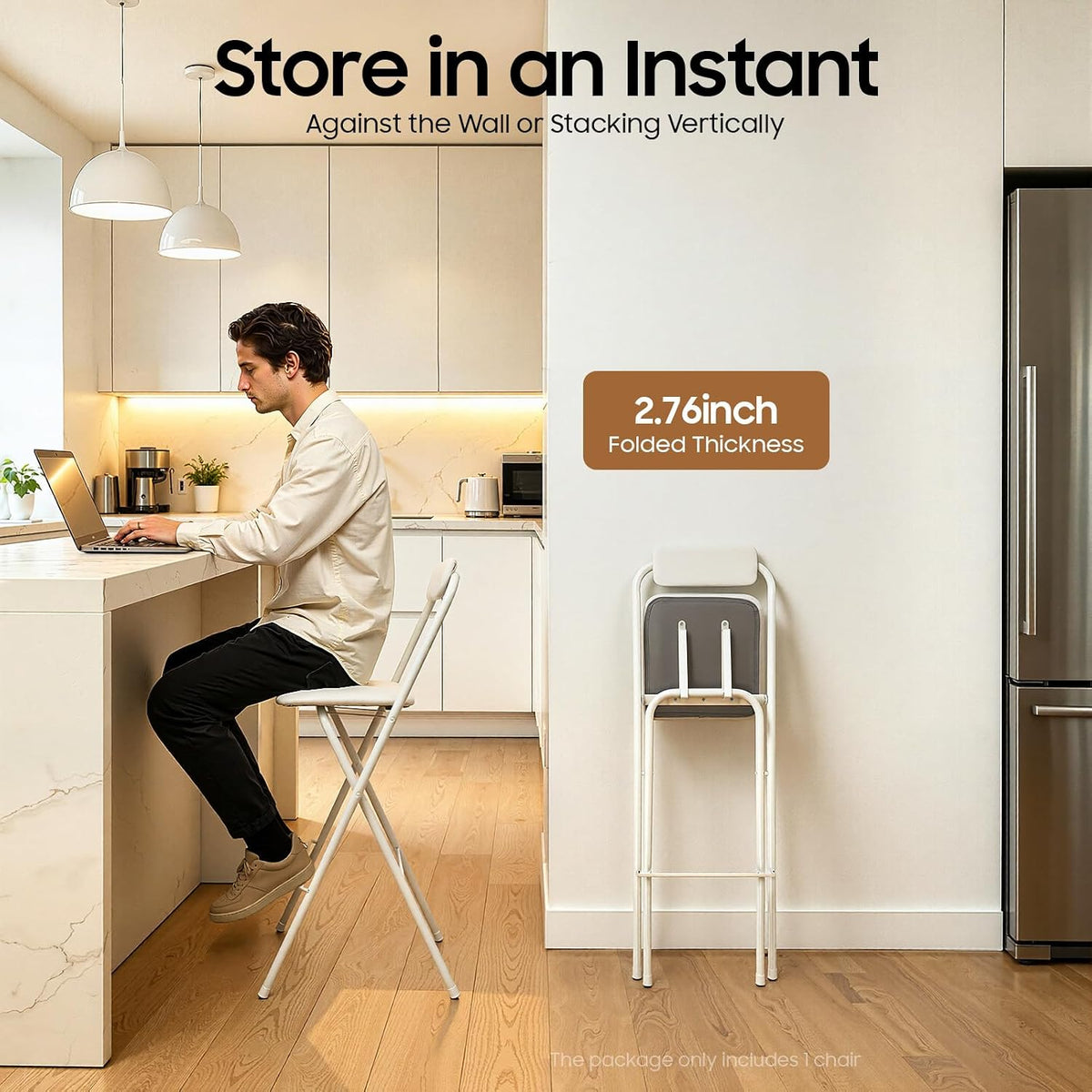 Folding Bar Stool with Backrest, 29.5 Inch Tall Foldable Stool Chair with Leather Padded Seat, Portable Counter Height Collapsible Stool for Kitchen Island Shop Cafe Dining Room, White, 1pcs