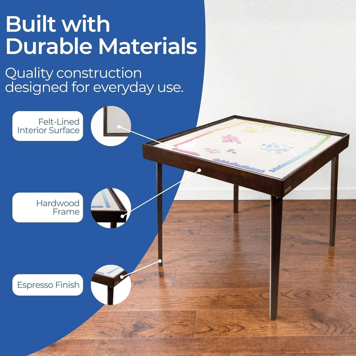 Stakmore Folding Puzzle Table, Espresso Wood, Felt Interior Fabric, Removable Top Storage, Space-Saving Design