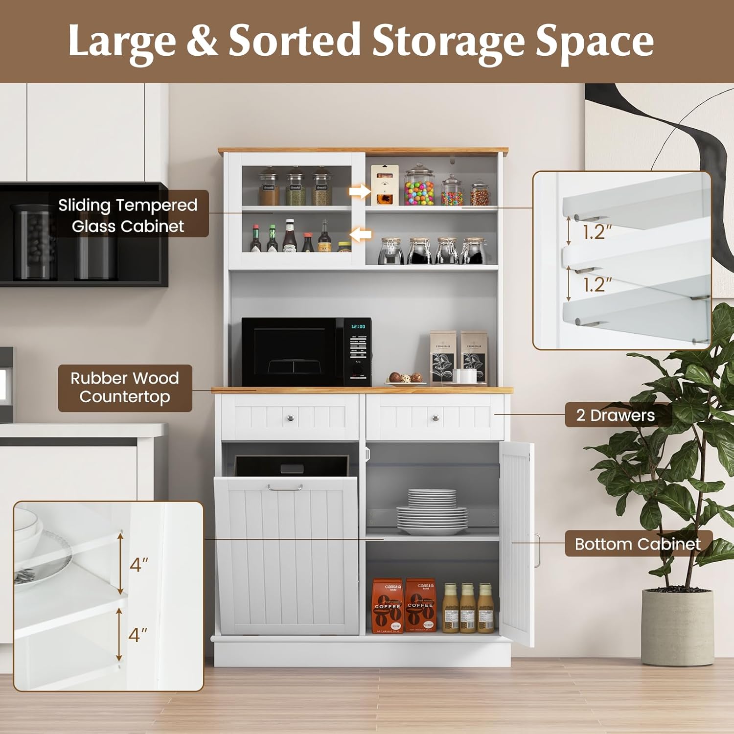 68" Tall Kitchen Pantry Cabinet, Freestanding Kitchen Hutch w/Tilt Out Trash Can Cabinet, Microwave Countertop, Sliding Glass Door, Wooden Dining Room Cupboard