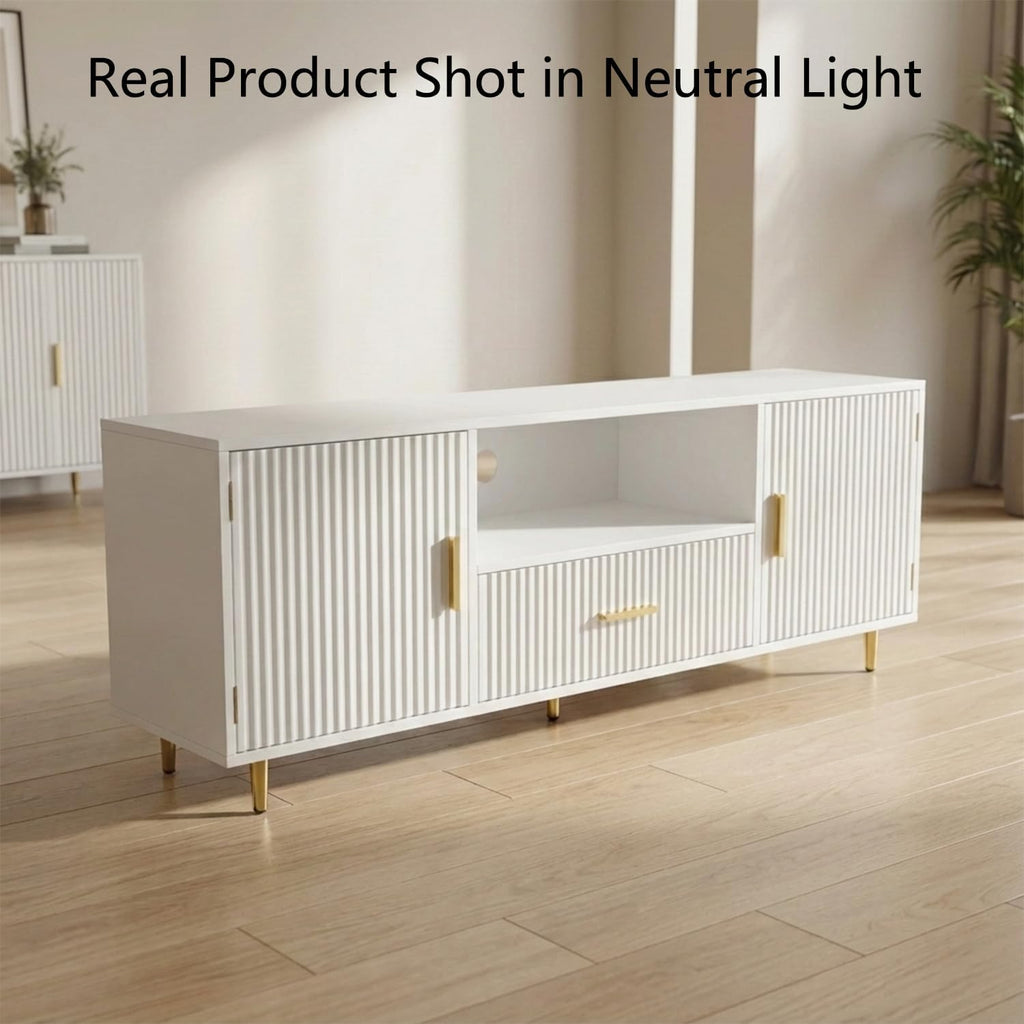 DIYART Modern Fluted TV Stand for 55/60/65 Inch TV, 57" Entertainment Center Media Console Table with Drawer & Storage Cabinets, Ribbed Design TV Cabinet Credenza for Living Room, White