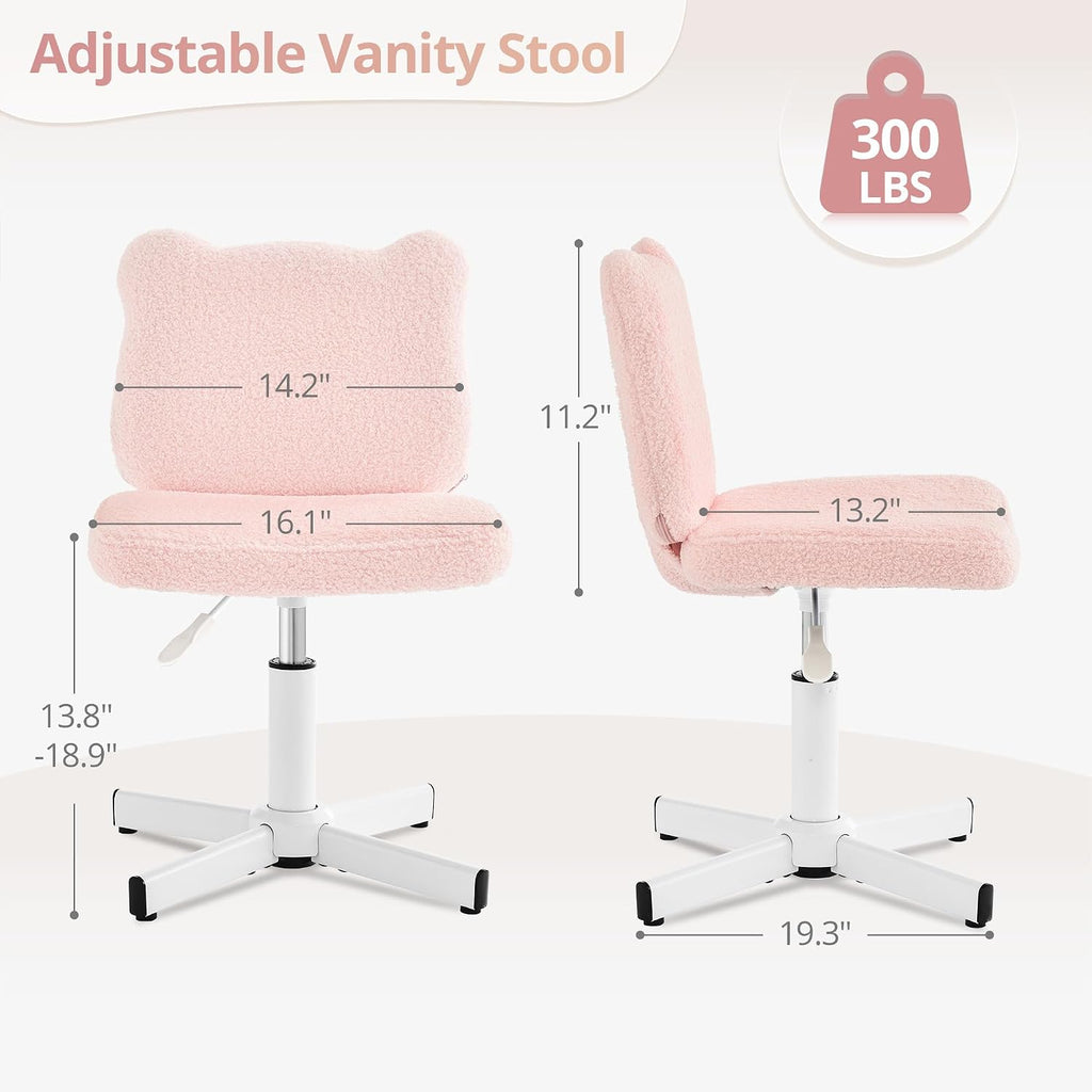 LUE BONA Upgraded Cute Bear Ear Vanity Chair for Teen Girls, Height Adjustable 13.8"-18.9" 360° Swivel Stool with Back Support, Stain Resistant Black Foot Caps, Teddy Velvet, 350lbs, Light Pink